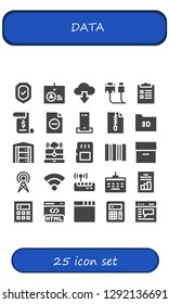  data icon set. 25 filled data icons. Simple modern icons about  - Security, Identification, Cloud computing, Cable, Checklist, Invoice, File, Charger, Folder, Server, Memory card