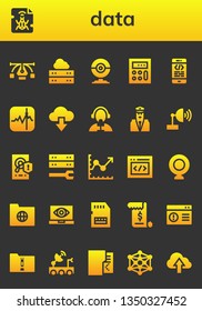 data icon set. 26 filled data icons.  Collection Of - Vector, Malware, Server, Webcam, Calculator, Coding, Stocks, Cloud computing, Reporter, Security, Satellite dish, Hard disk