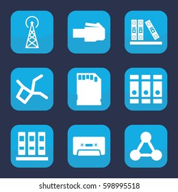 data icon. Set of 9 filled data icons such as signal tower, binder, cassette, memory card, network connection