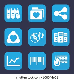 Data icon. set of 9 filled data icons such as folder with heart, disc on fire, binder, connection, share, barcode, chart, server