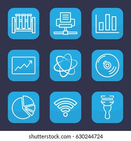 Data icon. set of 9 outline data icons such as bar code scanner, pie chart, line graph, wi-fi, cd, test tube, chart, network connection