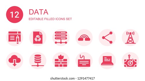 data icon set. Collection of 12 filled data icons included Browser, File, Server, Cloud, Share, Download, Database, Firewall, Keyboard, Laptop, Antenna, Phishing