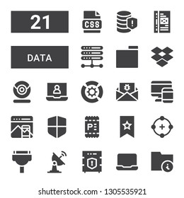 data icon set. Collection of 21 filled data icons included Folder, Laptop, Data protection, Satellite dish, Cable, Circle, Bookmark, Invoice, Firewall, Responsive design, Devices