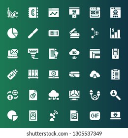 data icon set. Collection of 36 filled data icons included Laptop, Gif, Jpeg, Antenna, Hard disk, Pie chart, Research, Cable, Data sharing, Analytics, Exchange, Report, Cloud storage