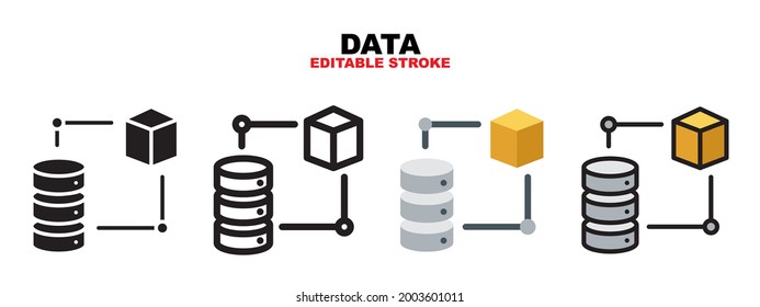 Data icon set with different styles. Icons designed in filled, outline, flat, glyph and line colored. Editable stroke and pixel perfect. Can be used for web, mobile, ui and more.