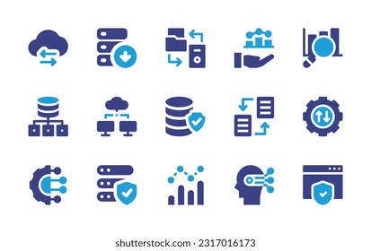 Data icon set. Duotone color. Vector illustration. Containing data transfer, database, data transformation, analyze, search, big data, cloud, artificial intelligence, secure, increasing, learning.