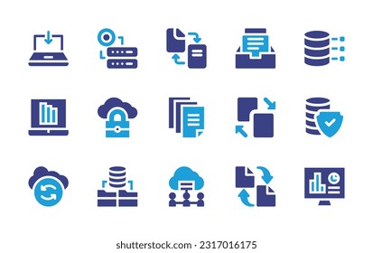 Data icon set. Duotone color. Vector illustration. Containing download, storage, convert, archive, science, computer, security, data, share, protection, recovery, network.