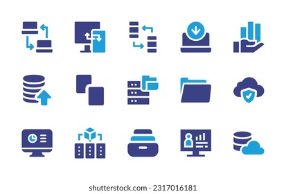 Data icon set. Duotone color. Vector illustration. Containing sharing, synchronization, data, input, export, share, transfer, folder, cloud computing, data analysis, data mining.