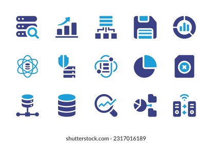 Data icon set. Duotone color. Vector illustration. Containing search, graph bar, aggregation, save, donut chart, science, storage, pie chart, file, server, database, analysis, data