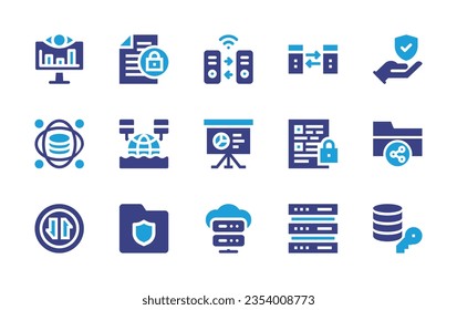 Data icon set. Duotone color. Vector illustration. Containing data, encrypted, transfer, protection, science, data lake, analysis, share, secure data, cloud.