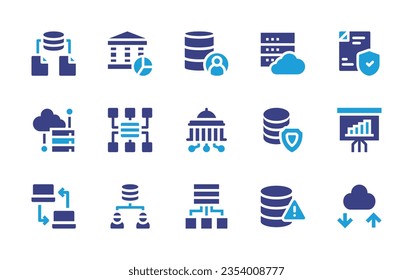 Conjunto de iconos de datos. Color de duotona. Ilustración vectorial. Contiene datos científicos, datos, bases de datos, seguridad, almacenamiento de datos, servidor, gobierno digital, análisis, uso compartido, agregación.