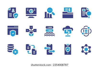 Data icon set. Duotone color. Vector illustration. Containing profile, statistics, data, case, web security, distributed, transfer, science, data management, file sharing.