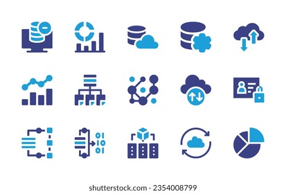 Datensymbol-Set. Duotonfarbe. Vektorgrafik. Enthält Datenbanken, Analysen, Cloud-Daten, Cloud-Speicherung, Analyse, Modellierung, Komplexität, Webverkehr, Schutz, Data Mining.