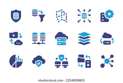 Data icon set. Duotone color. Vector illustration. Containing science, data, structure, setting, transfer data, server, cloud, layers, transfer, pie chart, cloud computing.