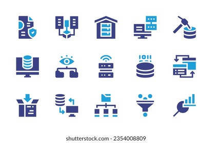 Conjunto de iconos de datos. Color de duotona. Ilustración vectorial. Con protección, minería, almacén, servidor de datos, visualización, almacenamiento de datos, análisis, intercambio, intercambio de datos.