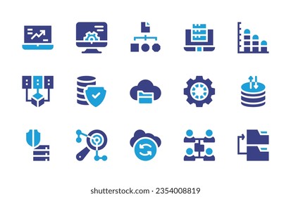 Conjunto de iconos de datos. Color de duotona. Ilustración vectorial. Conteniendo comercio, configuración, datos, almacenamiento, análisis, minería, protección, nube, servidor, análisis de datos, recuperación.