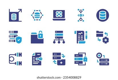 Conjunto de iconos de datos. Color de duotona. Ilustración vectorial. Conteniendo grandes, ciencias, visualización, servidor, protección, carpeta, transferencia, datos, cable usb, documentos, transferencia de datos.