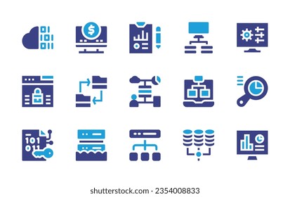 Conjunto de iconos de datos. Color de duotona. Ilustración vectorial. Conteniendo computación en la nube, salario, análisis, servidor, configuración, seguridad, copia, uso compartido, modelación de datos, análisis.