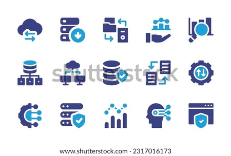 Data icon set. Duotone color. Vector illustration. Containing data transfer, database, data transformation, analyze, search, big data, cloud, artificial intelligence, secure, increasing, learning.