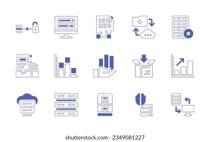 Conjunto de iconos de datos. Curso de línea de estilo duotónico y negrita. Ilustración vectorial. Con datos abiertos, almacenamiento, encriptación, transferencia, análisis, nube, servidor, intercambio.