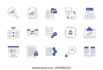 Data icon set. Duotone style line stroke and bold. Vector illustration. Containing data, analytics, transfer, storage, encryption, protection, analysis, server.