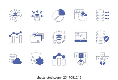 Data icon set. Duotone style line stroke and bold. Vector illustration. Containing data, analytics, server, management, pie, chart, science, folder, sync, trade, database, cloud, mining, distributed.