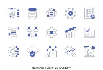 Data icon set. Duotone style line stroke and bold. Vector illustration. Containing data, analysis, database, science, processing, sharing, shared, folder, network, analytics, connection, cloud.