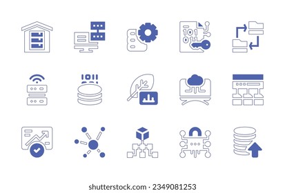 Data icon set. Duotone style line stroke and bold. Vector illustration. Containing data, warehouse, server, setting, encryption, copy, storage, analytics, analysis, cloud, flow, analytic, hierarchical
