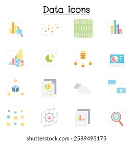 Data icon set in flat color style