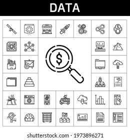 data icon set. line icon style. data related icons such as server, rising, networking, industry, satellite dish, pie, network, analytics, bar, file, browser, bar chart, html