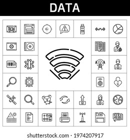 data icon set. line icon style. data related icons such as antenna, components, upload, news reporter, diskette, cassette, padlock, mouse, file, pendrive, browser, percentage