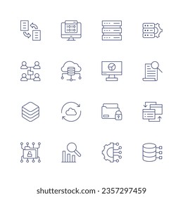 Data icon set. Thin line icon. Editable stroke. Containing synchronization, encryption, server, data storage, shared folder, cloud database, visualization, discovery, sync.