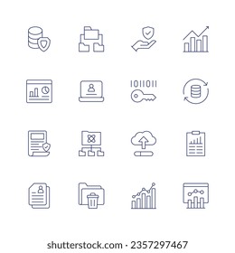 Datensymbol-Set. Dünne Linie Symbol. Bearbeitbarer Strich. Enthält, verwendet Gehäuse, Schutz, Balkendiagramm, Dashboard, Account, Verschlüsselung, Datenintegration, Richtlinien, Hochladen, Analyse, personenbezogene Daten.