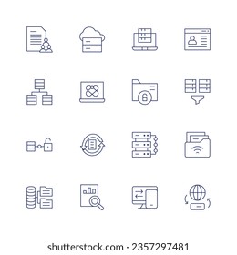 Conjunto de iconos de datos. Icono de línea delgada. Trazo editable. Contenedor, nube, almacenamiento, ciencia de datos, cifrado, minería de datos, apertura, procesamiento, servidor, recopilación.