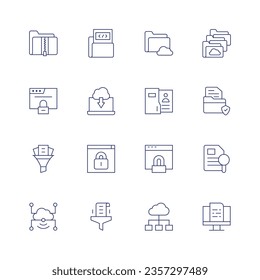 Data icon set. Thin line icon. Editable stroke. Containing zip, coding, cloud, folders, browser, laptop, employee, document, filter, web security, case, cloud data, data.