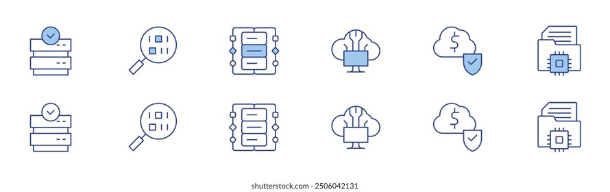 Data icon set in two styles, Duotone and Thin Line style. Editable stroke. server, cloud computing, search, cloud data, data.