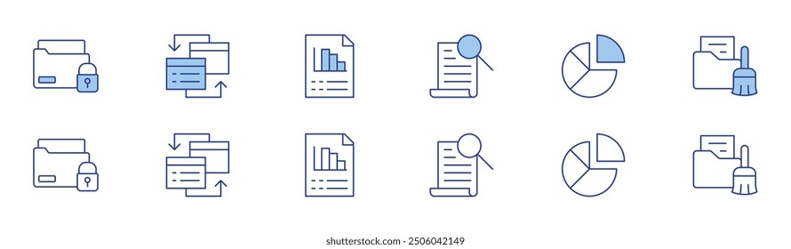 Data icon set in two styles, Duotone and Thin Line style. Editable stroke. discovery, data management.