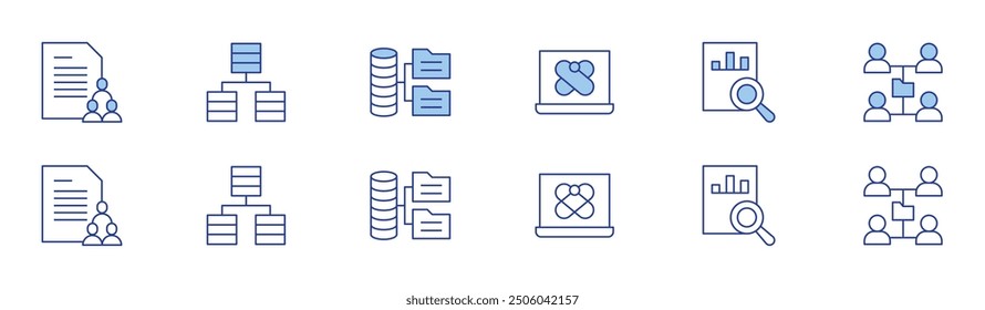 Data icon set in two styles, Duotone and Thin Line style. Editable stroke. data, data science, collection, analysis, shared folder.