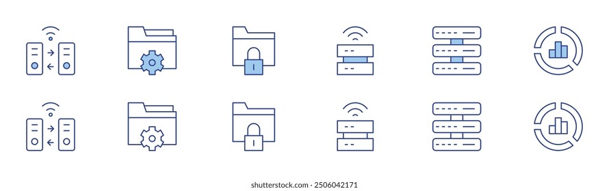 Data icon set in two styles, Duotone and Thin Line style. Editable stroke. data transfer, data storage, data management, servers, folder, donut chart.