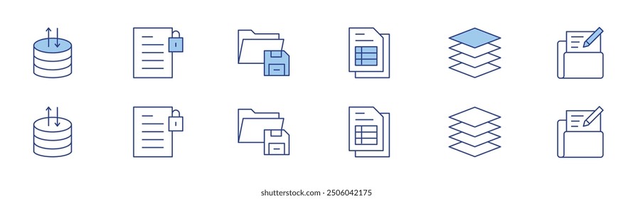 Datensymbol in zwei Stilen, Duotone und Thin Line Stil. Bearbeitbarer Strich. Datenserver, Zusammenfassung geheim, speichern, Datentabelle, Ebenen, Eingabe.