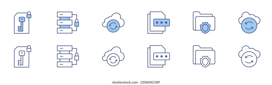 Conjunto de iconos de datos en dos estilos, Duotone y estilo de línea fina. Trazo editable. cifrado de datos, servidor de datos, sincronización en la nube.