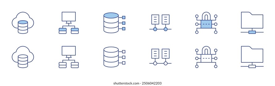 Data icon set in two styles, Duotone and Thin Line style. Editable stroke. data cloud, data server, data network.