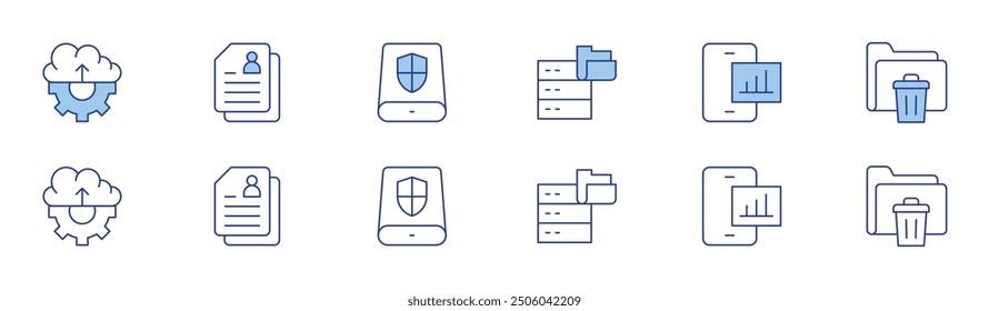 Data icon set in two styles, Duotone and Thin Line style. Editable stroke. cloud uploading.