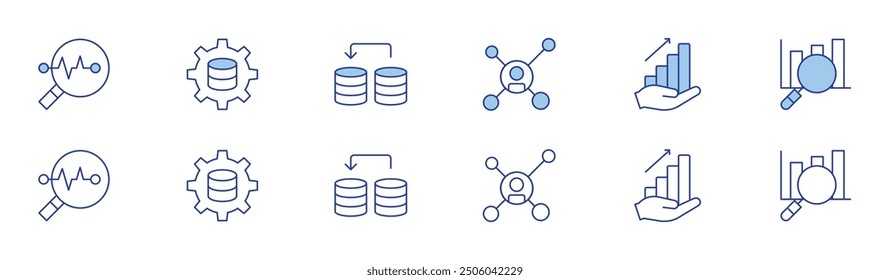 Data icon set in two styles, Duotone and Thin Line style. Editable stroke. analysis, data science, team, improvement.