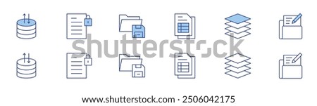 Data icon set in two styles, Duotone and Thin Line style. Editable stroke. data server, summary secret, save, data table, layers, input.