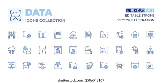 Data icons collection. Line Duotone style, editable stroke. cloud, folders, laptop, document, web security, browser, cloud data, cloud computing, sharing, backup, data.