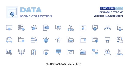 Data icons collection. Line Duotone style, editable stroke. upload, server, encryption, management, protection, recovery, data transfer, bar chart.