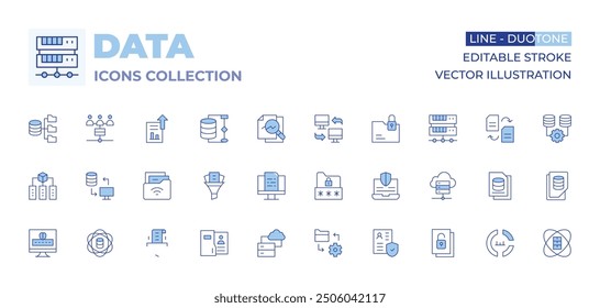 Data icons collection. Line Duotone style, editable stroke. folder, storage, employee, filter, science, exchange, data protection, mining.