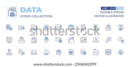 Data icons collection. Line Duotone style, editable stroke. network, encryption, data server, transfer, folder, data analytics, filtering, save, table, input.