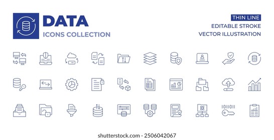 Data icons collection. Thin Line icons, editable stroke. data encryption, data transfer, folder, unlocked, data server, filtering, summary secret, graphic.